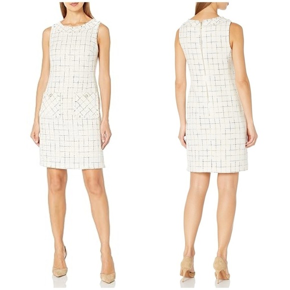 Karl Lagerfeld Paris Scoop Neck Tweed Shift Dress Plaid Checkered Cream Sz 2 - Picture 1 of 14